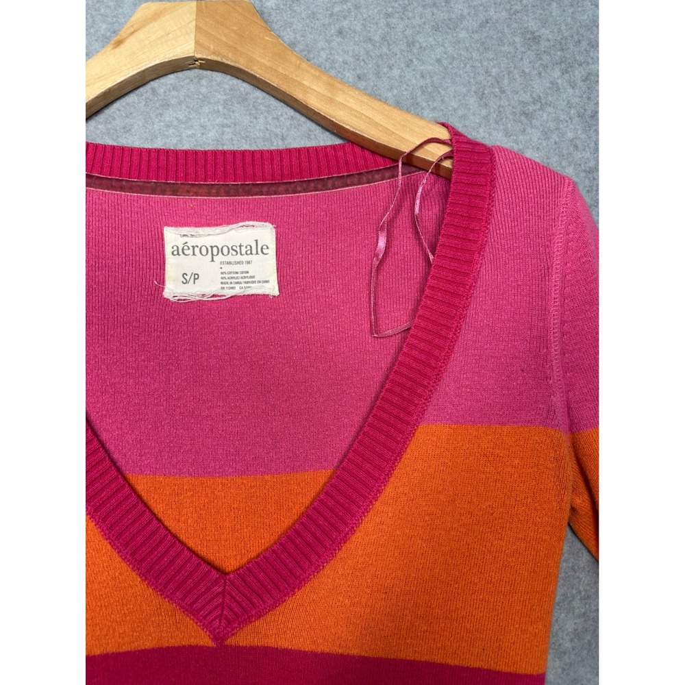 Y2K Aeropostale Striped V Neck Long Sleeve Sweater Women Size‎ S Pink Orange